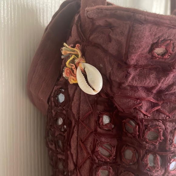 Glass Beaded Detail Burgundy Crossbody Tote * Boho * Hippie * Ethnic * Handmade - Picture 5 of 15